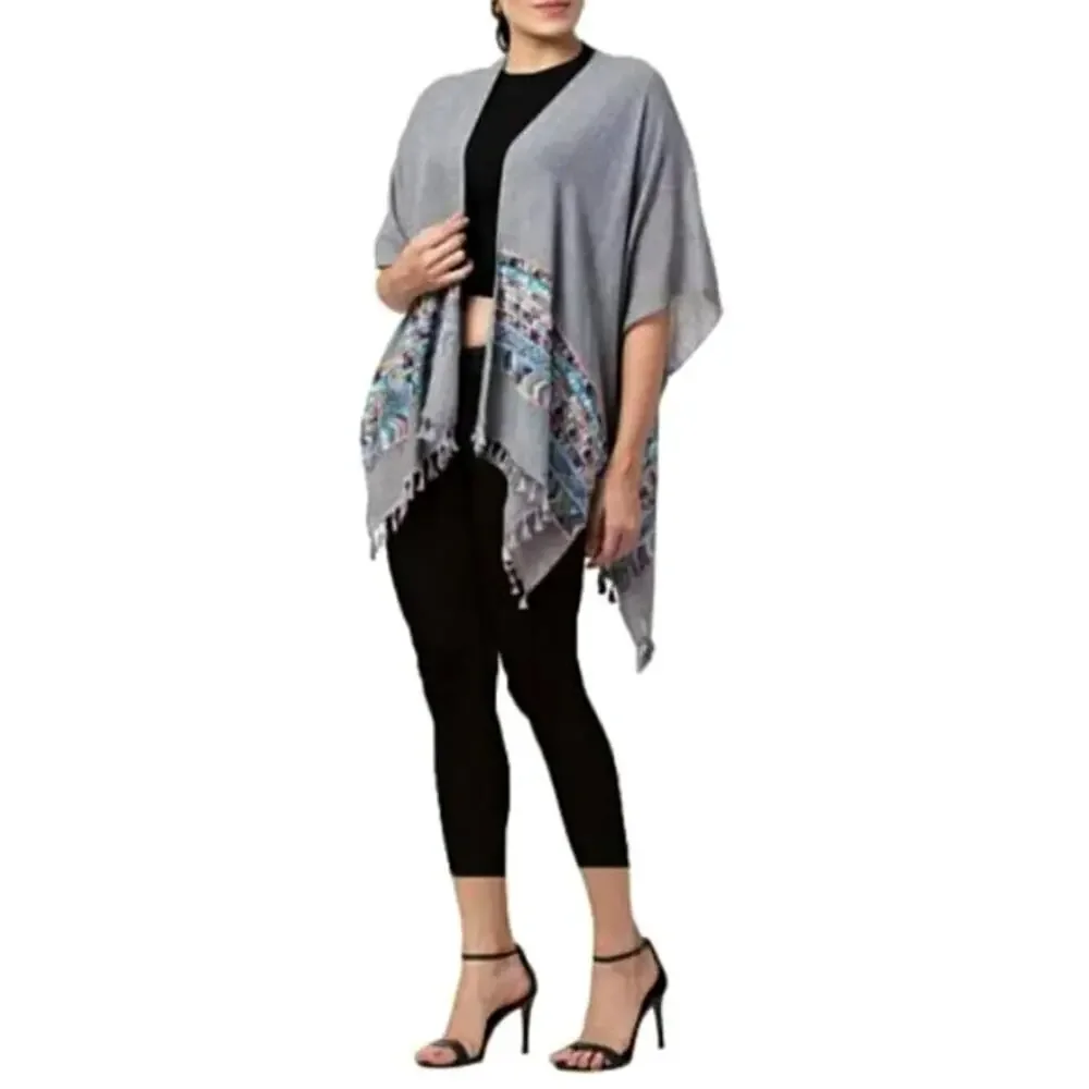 New! RAJ Aztec Embroidered Tassel Trim Beach Cover-up Boho Kimono Shawl Wrap